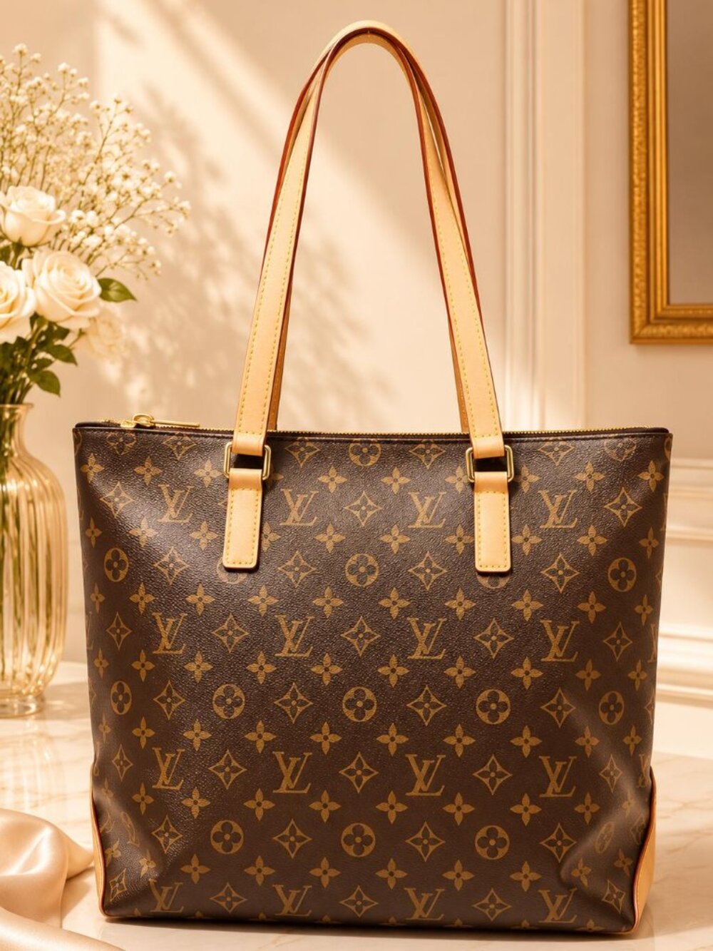 Authentic Louis Vuitton Cabas Piano Monogram Canvas Tote Bag Shoulder Bag